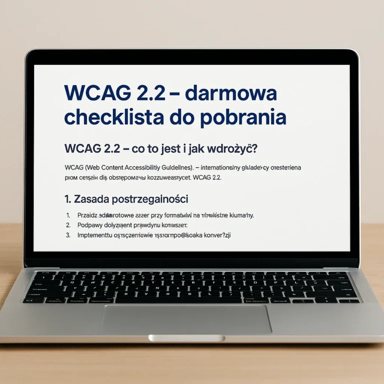 Ekran komputera z dokumentem WCAG 2.2 – darmowa checklista do pobrania